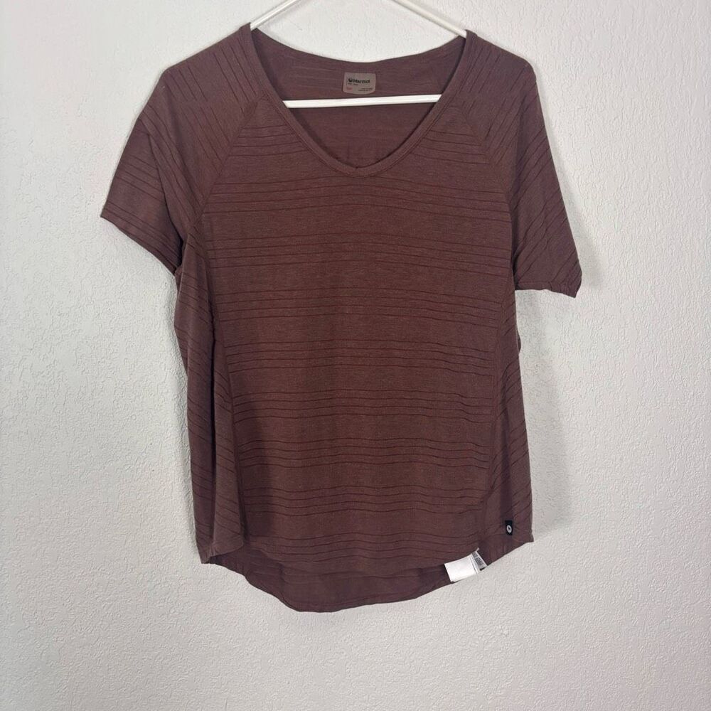 Marmot Maroon Striped V Neck‎ Recycled Polyester Short Sleeve Top Size Small